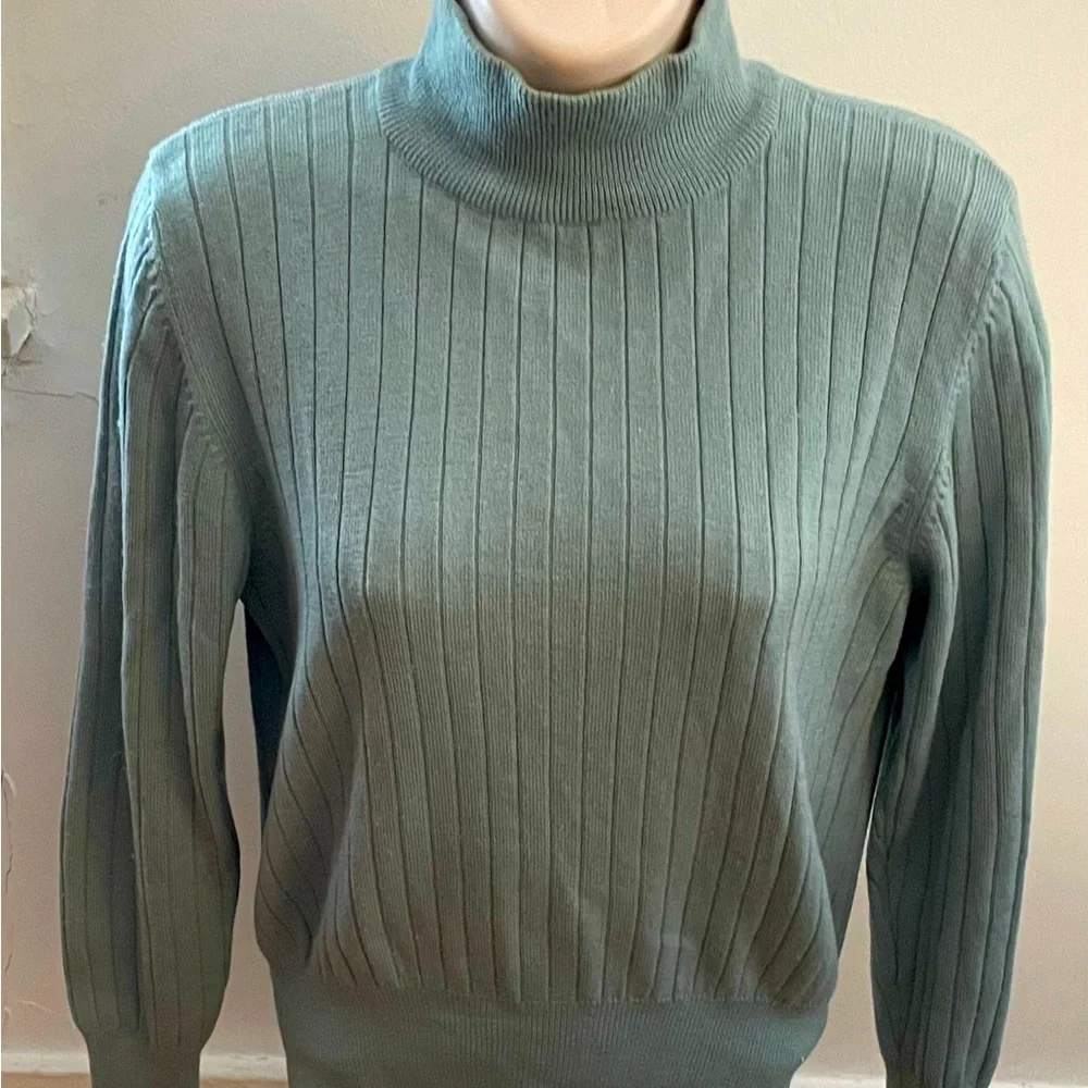 Vintage Valerie Stevens 100% merino wool baby blue ribbed turtleneck sweater PM